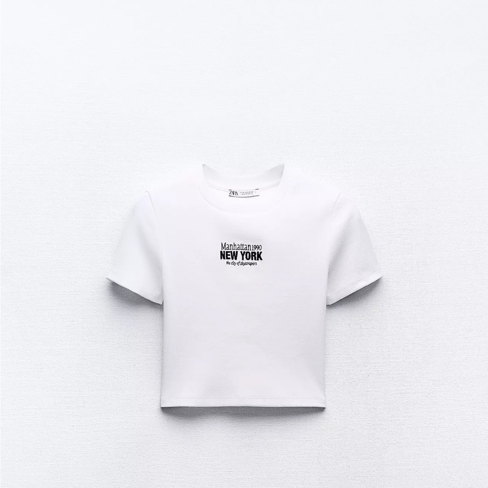 Zara White Crop Top with Crew Neck